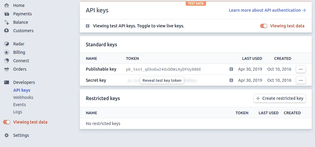 Stripe API keys